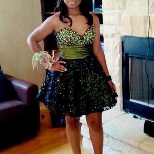 Jovani short green embellished strapless flare cocktail dress